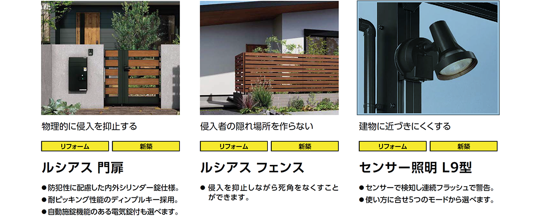 エクステリア商品（ルシアス 門扉／ルシアス フェンス／センサー証明L9型