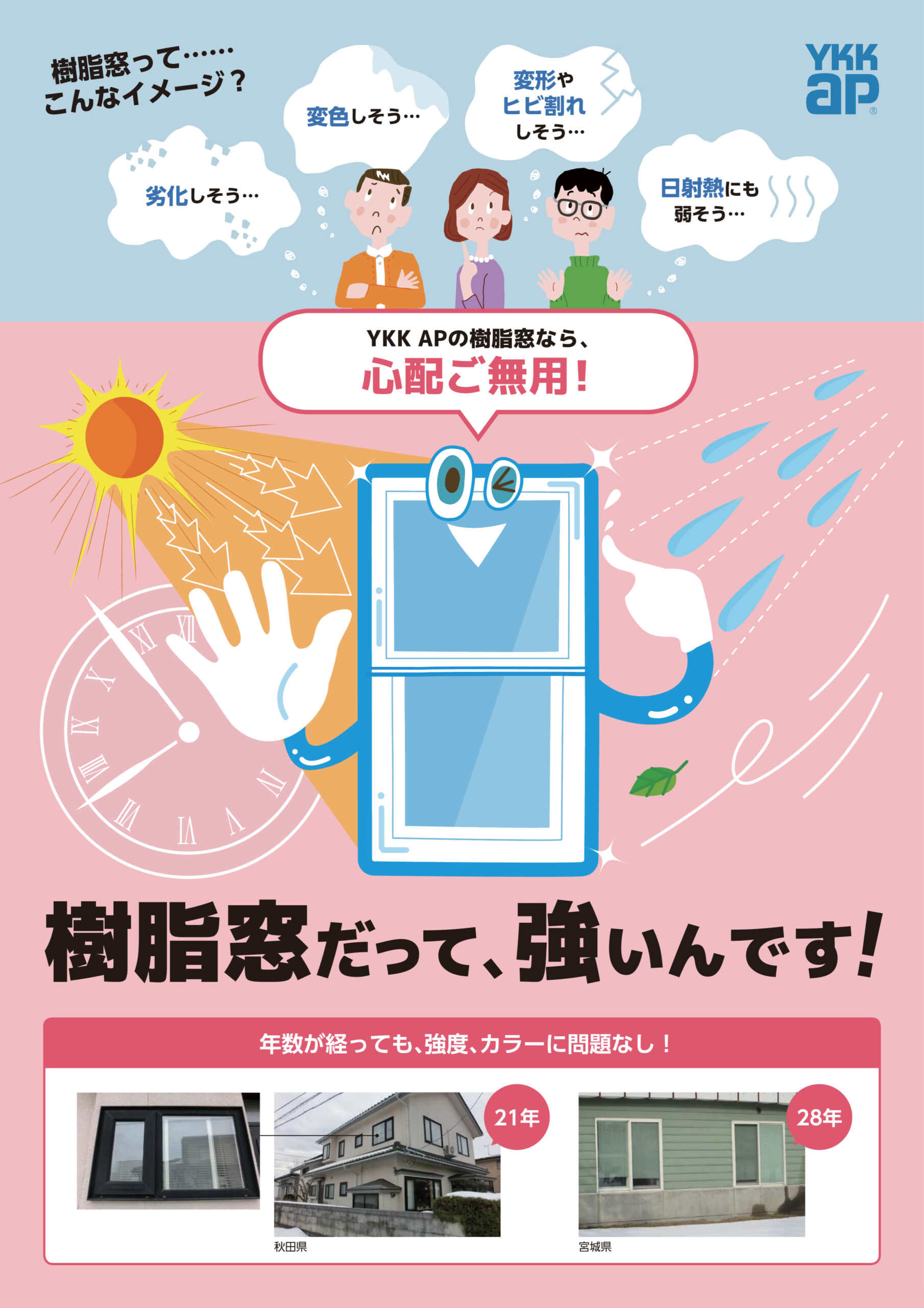 劣化しそう？
変色しそう？
変形やヒビ割れしそう？
日射熱にも弱そう？
YKK APの樹脂窓なら、心配ご無用！
年数が経っても、強度、カラーに問題なし！