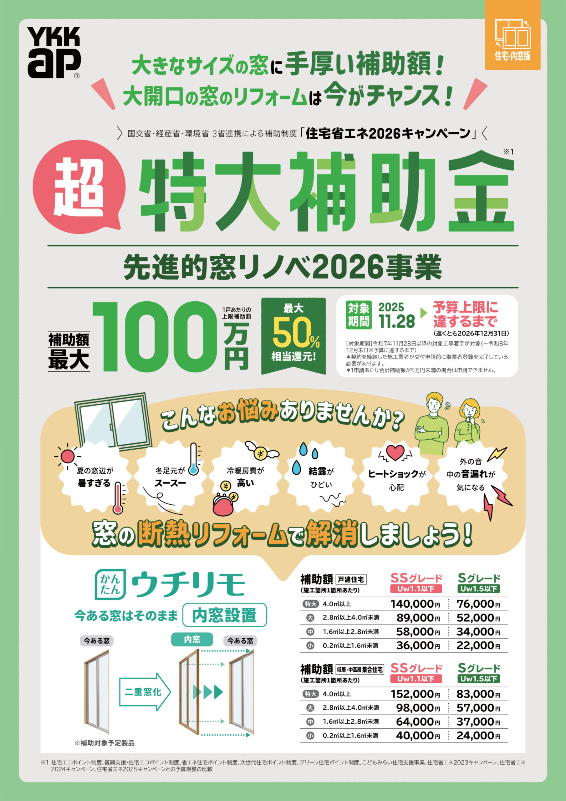 大きなサイズの窓に手厚い補助額！
大開口の窓のリフォームは今がチャンス！